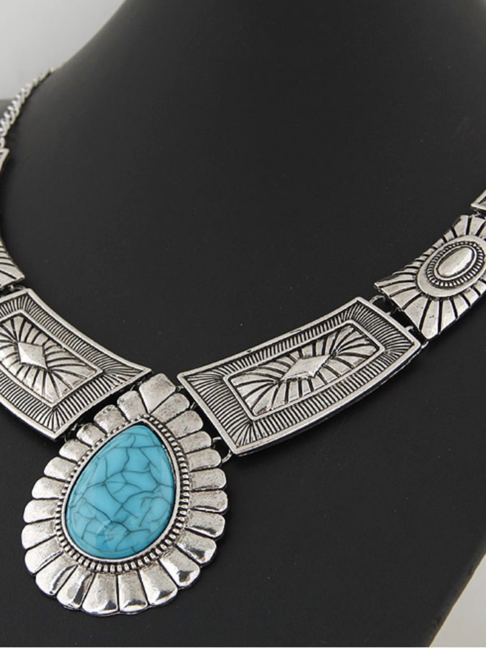 Vintage Turquoise and Silver Geometric Necklace - Picture 2 of 4